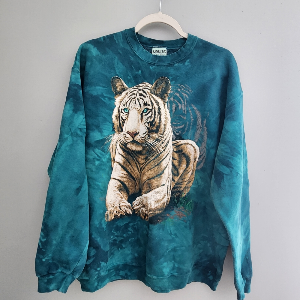 Oneita Vintage 90s Tiger Teal Tie Dye Color Wear Crew Neck Sweatshirt